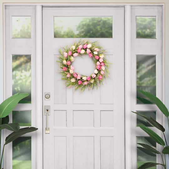 30'' Green and Pink Tulip Floral Spring Wreath